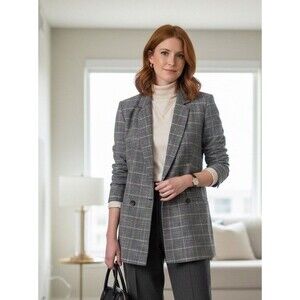 Express Women’s L Double Breasted Glen Plaid Blazer Jacket Quiet Luxury Academia